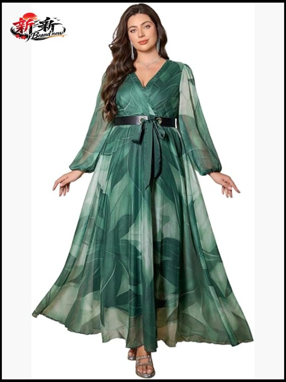 Plus Size Sequin Maxi Dress Long Sleeve V-Neck A-Line Formal Cocktail Party